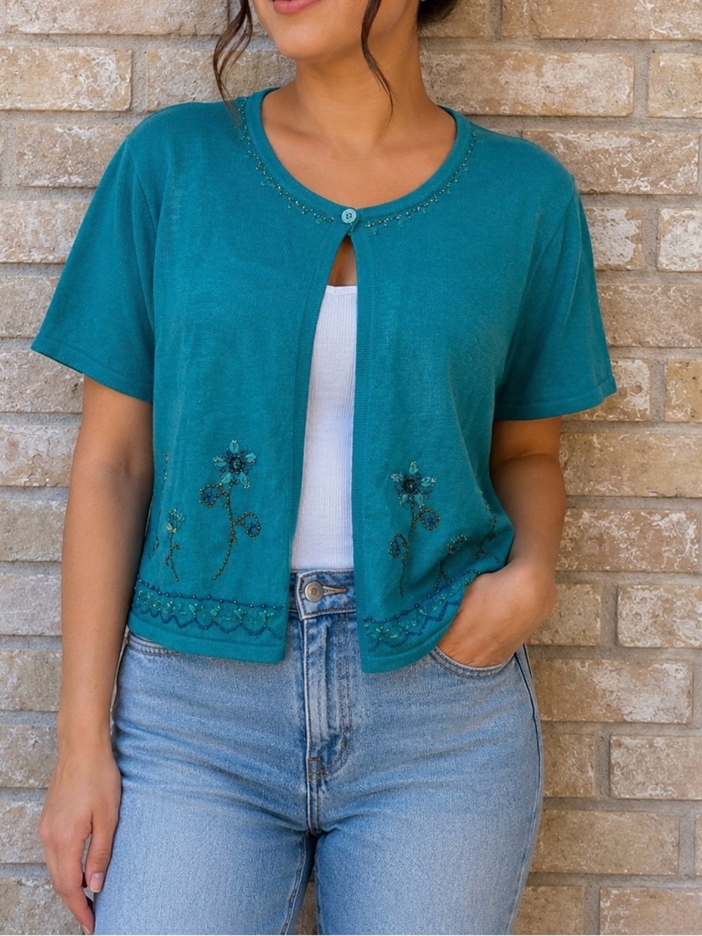Vintage R&K Teal Embroidered Beaded Floral Cardigan Petite Large 14P